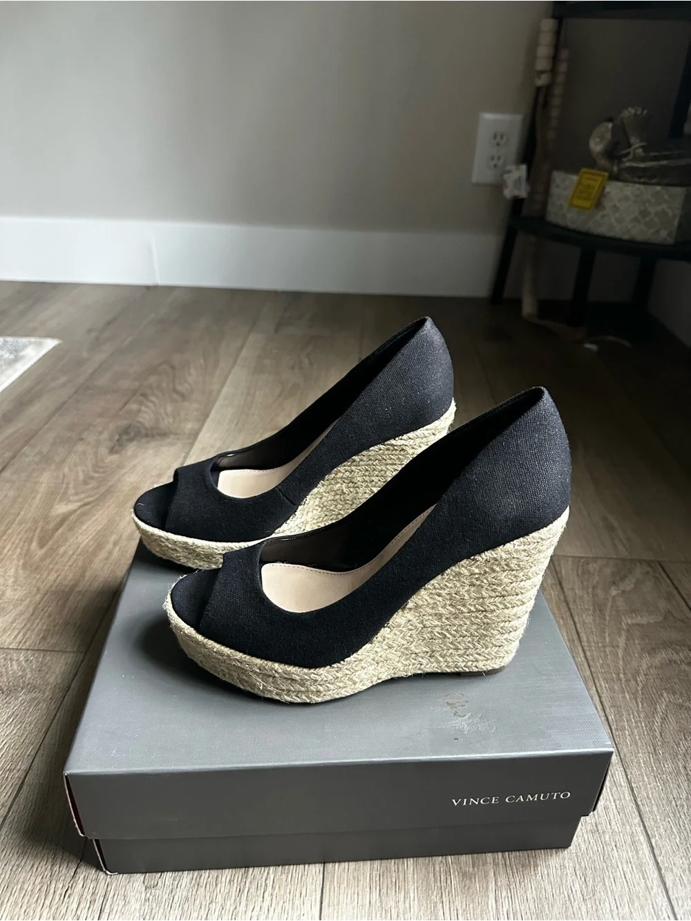 Vince Camuto Black Peep-Toe Espadrille Wedge Sandals